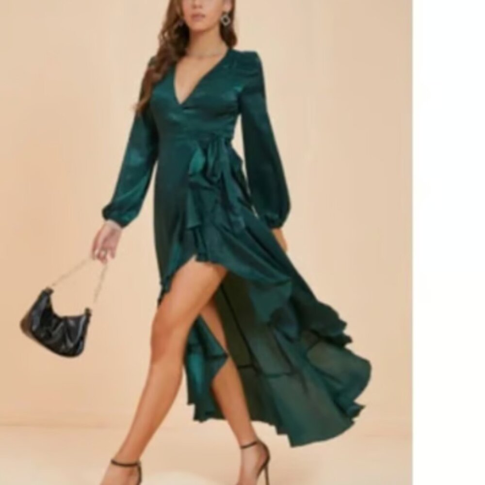 Silk + Salt Emerald Green Wrap Dress Adjustable Formal Sweeping Floor Length
